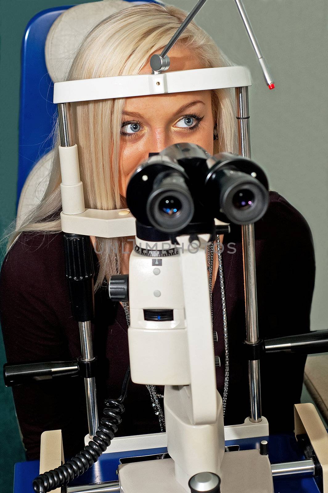 Young woman examining the eyesight in the optician's