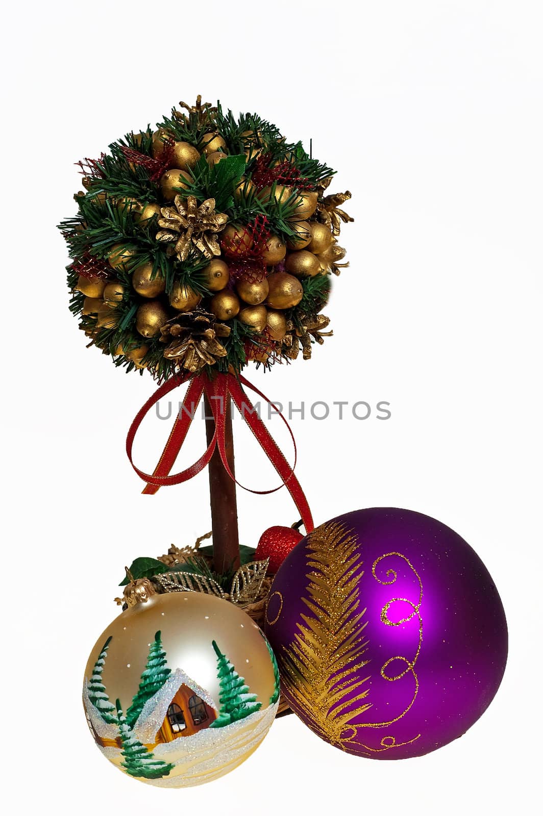 Christmas tree isolated and glass balls  over white background