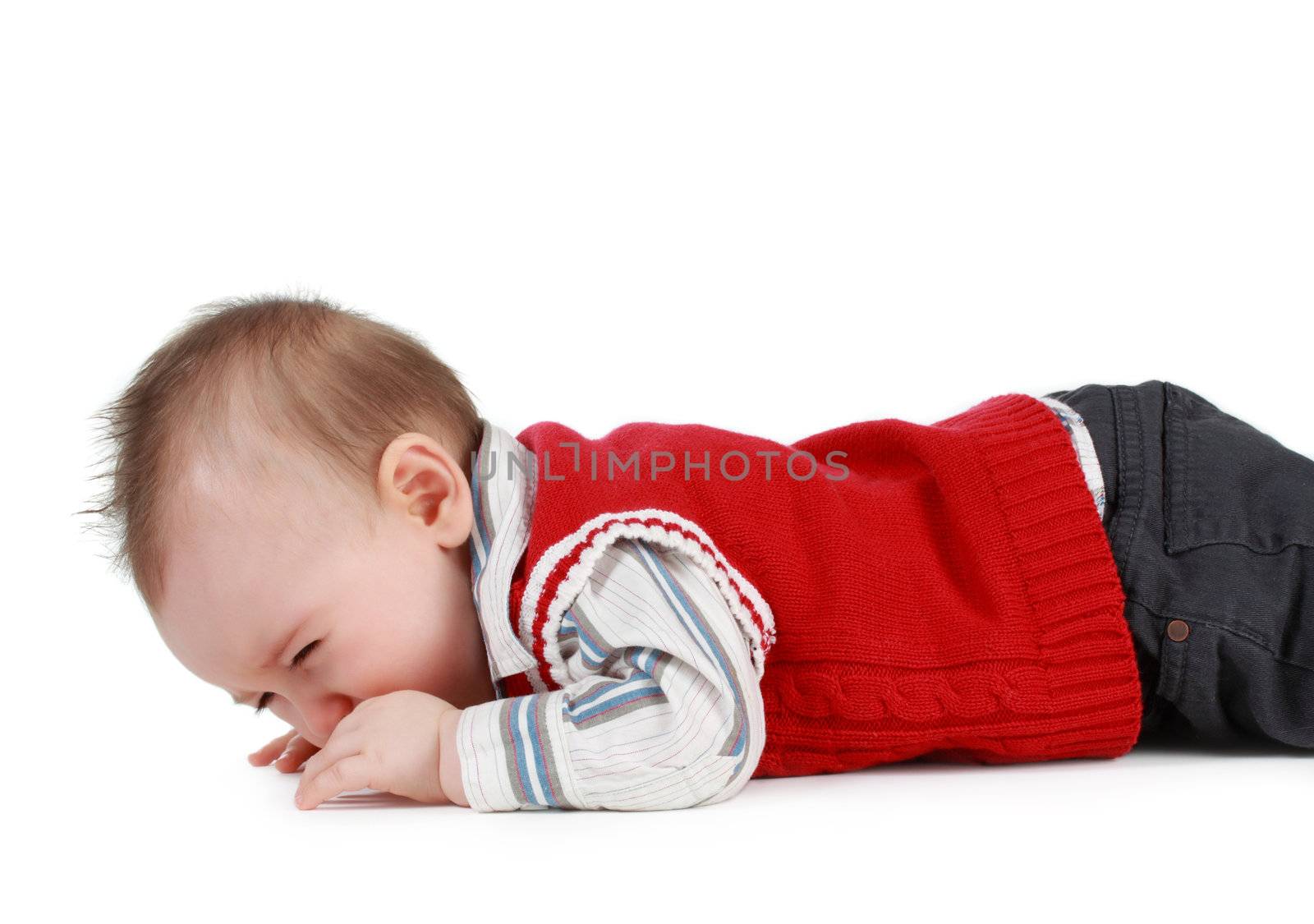 8 months cacasian baby boy crying, white background