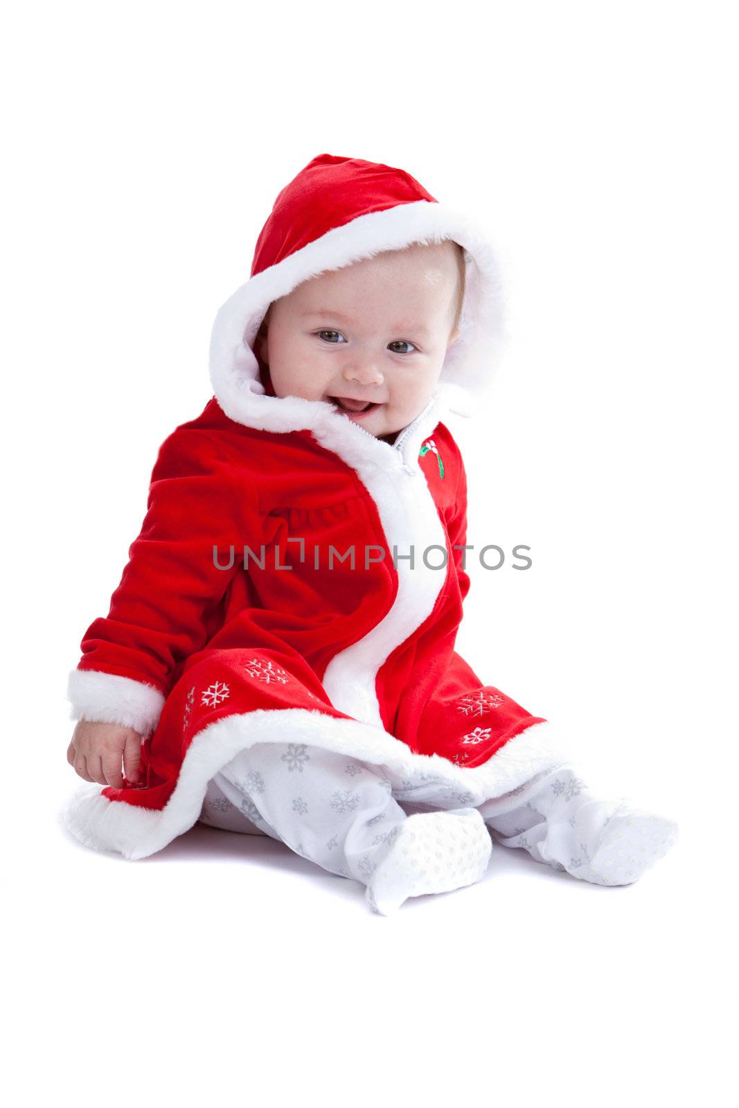 Cute little baby girl with santa suit on white background