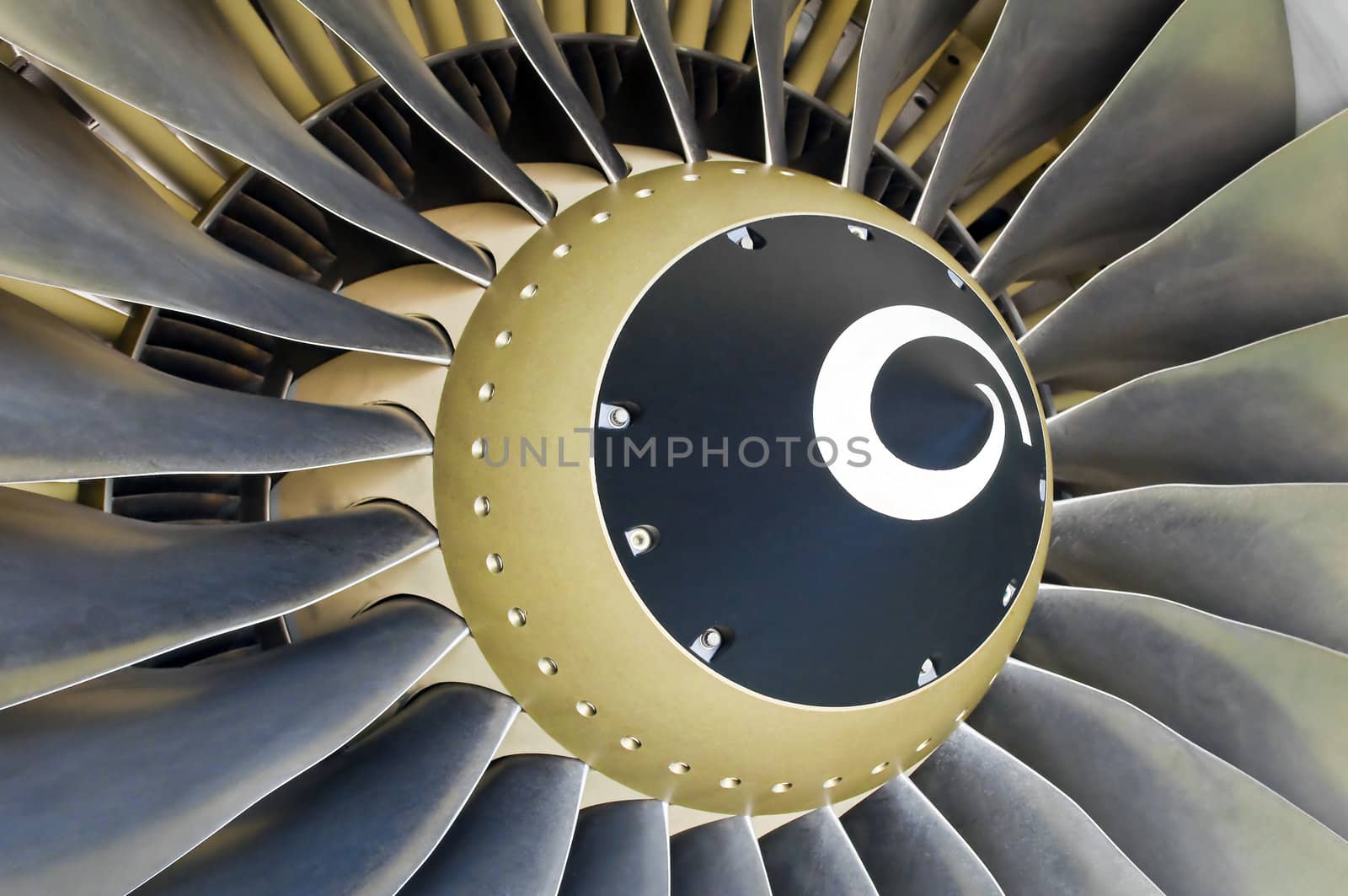 Close-up of a turbofan jet engine in modern airplane.