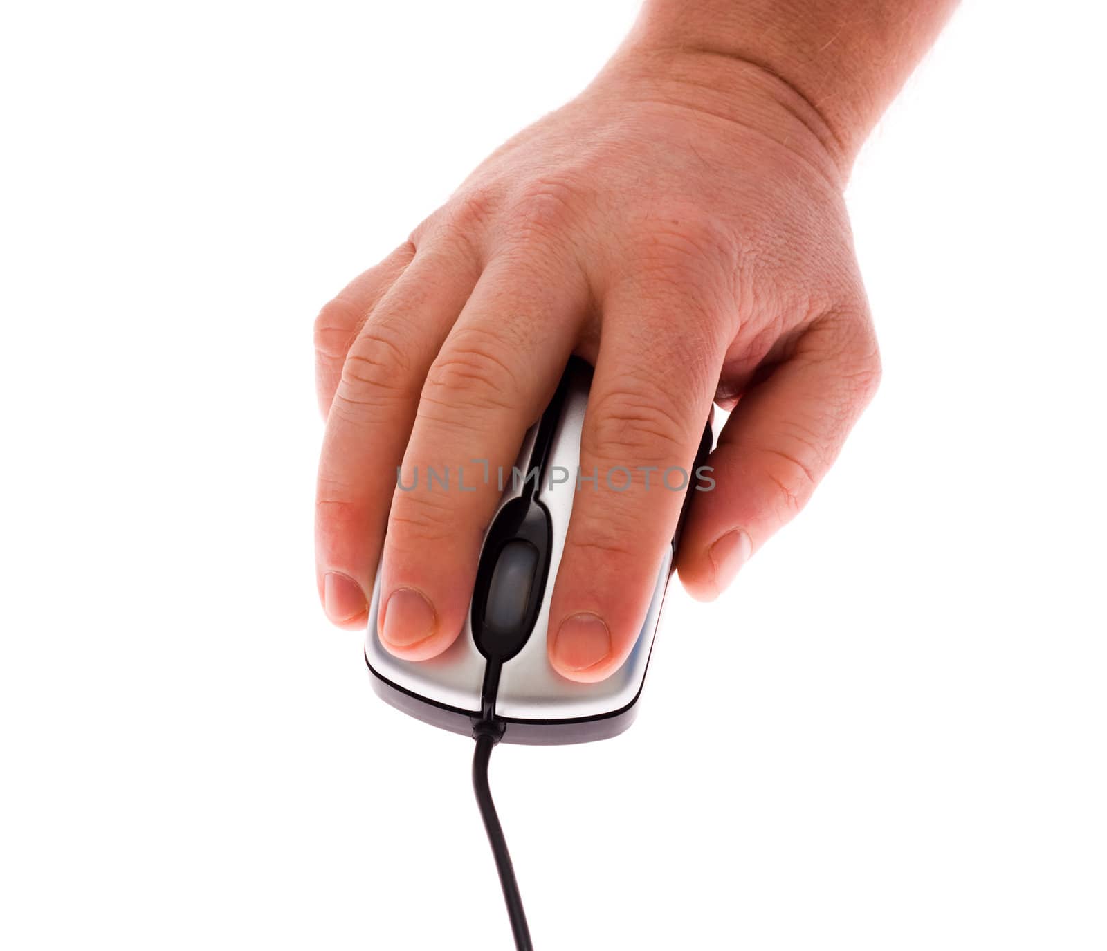 human hand on computer mouse, isolated by aleksaskv