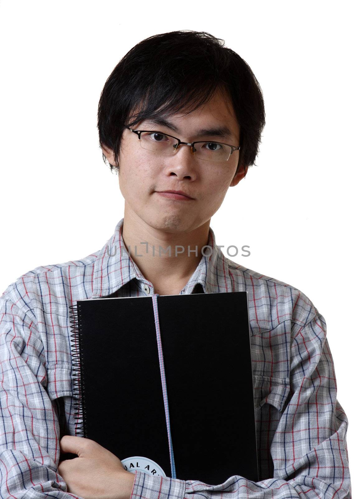 student hand holding book over white background