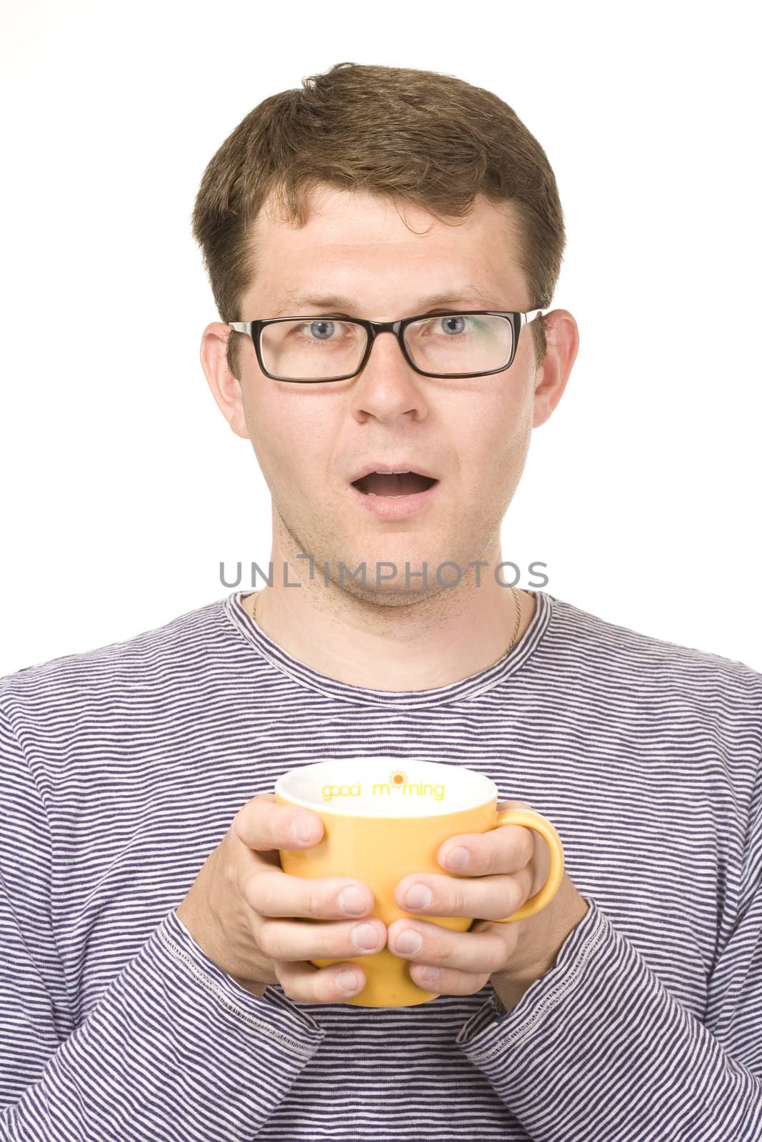 surprised man with yellow cup