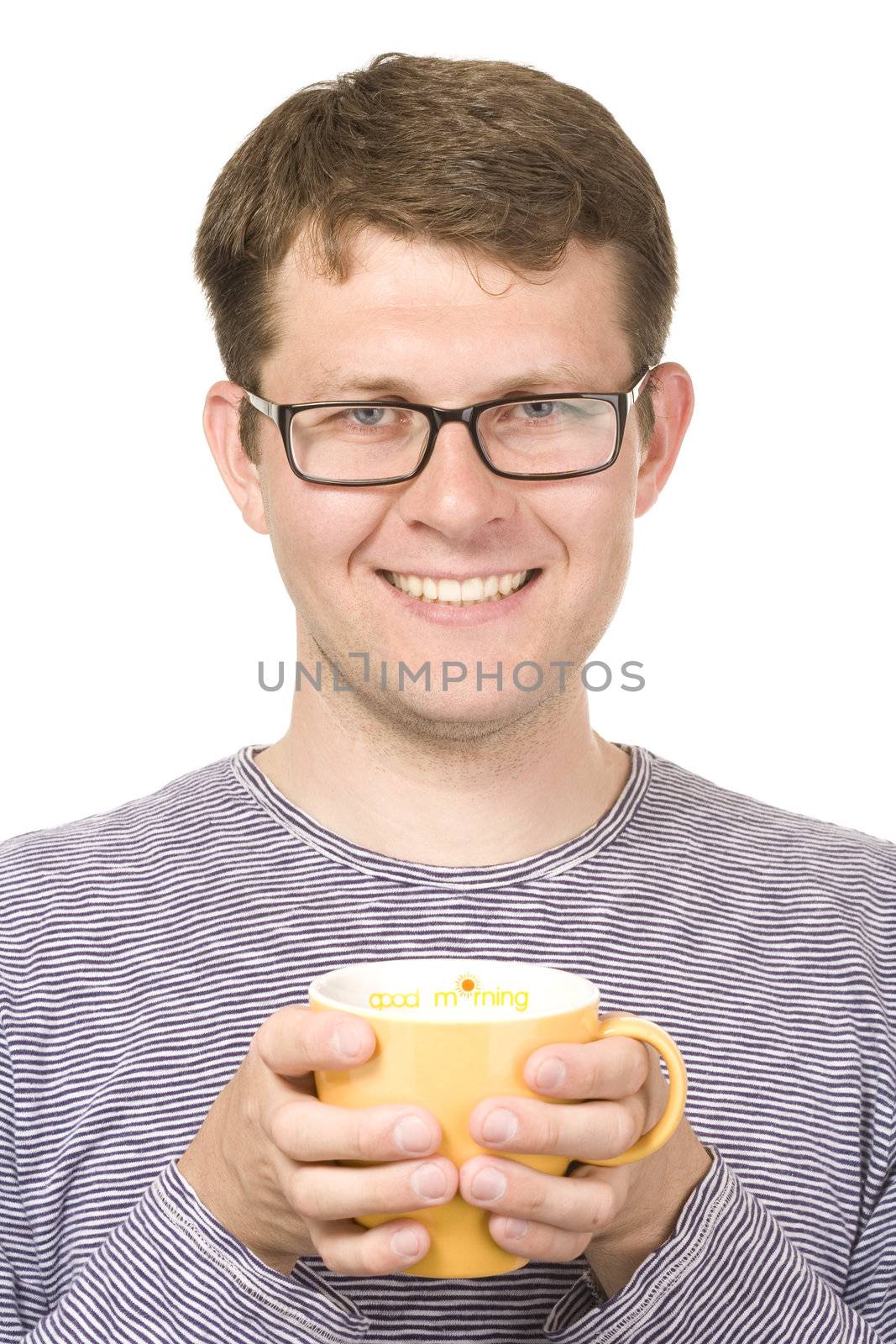 A smiling man with a yellow cup  titled "Good morning"