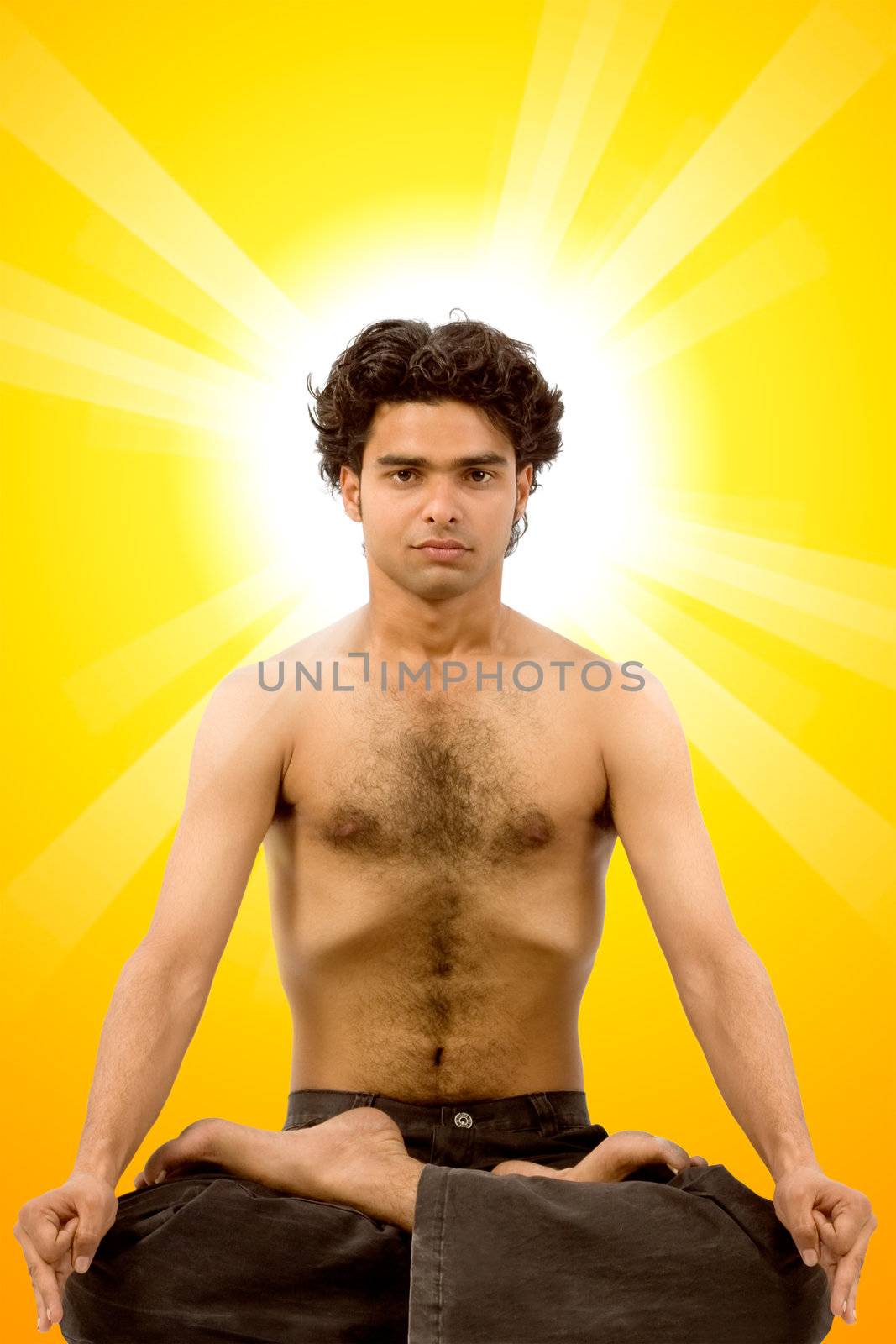 Young handsome man doing yoga in white background