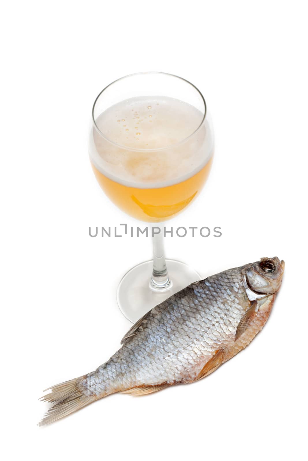 Goblet beer and dried fish insulated on white background