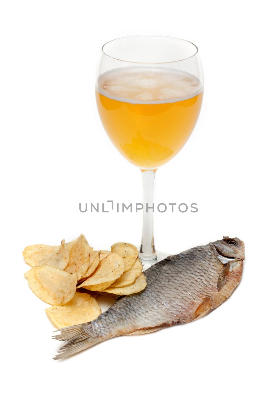 Goblet beer, dried fish and potato chips on white background