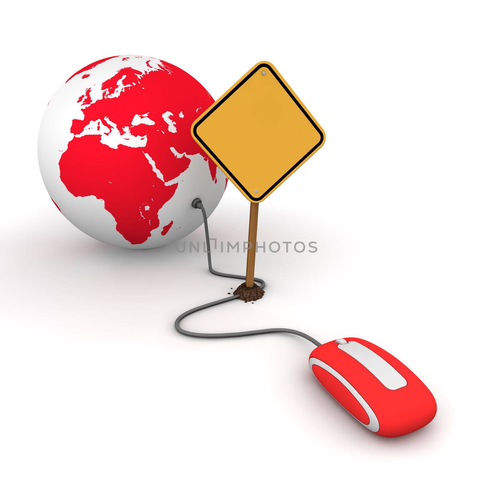 red computer mouse is connected to a red globe - surfing and browsing is blocked by a yellow warning sign that cuts the cable - sign as an empty template for your own text