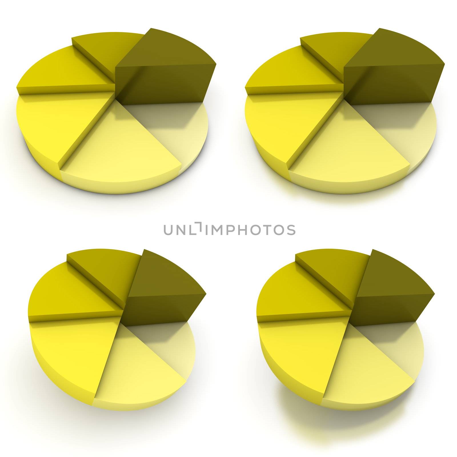 coloured pie chart - six shades of yellow  - four views