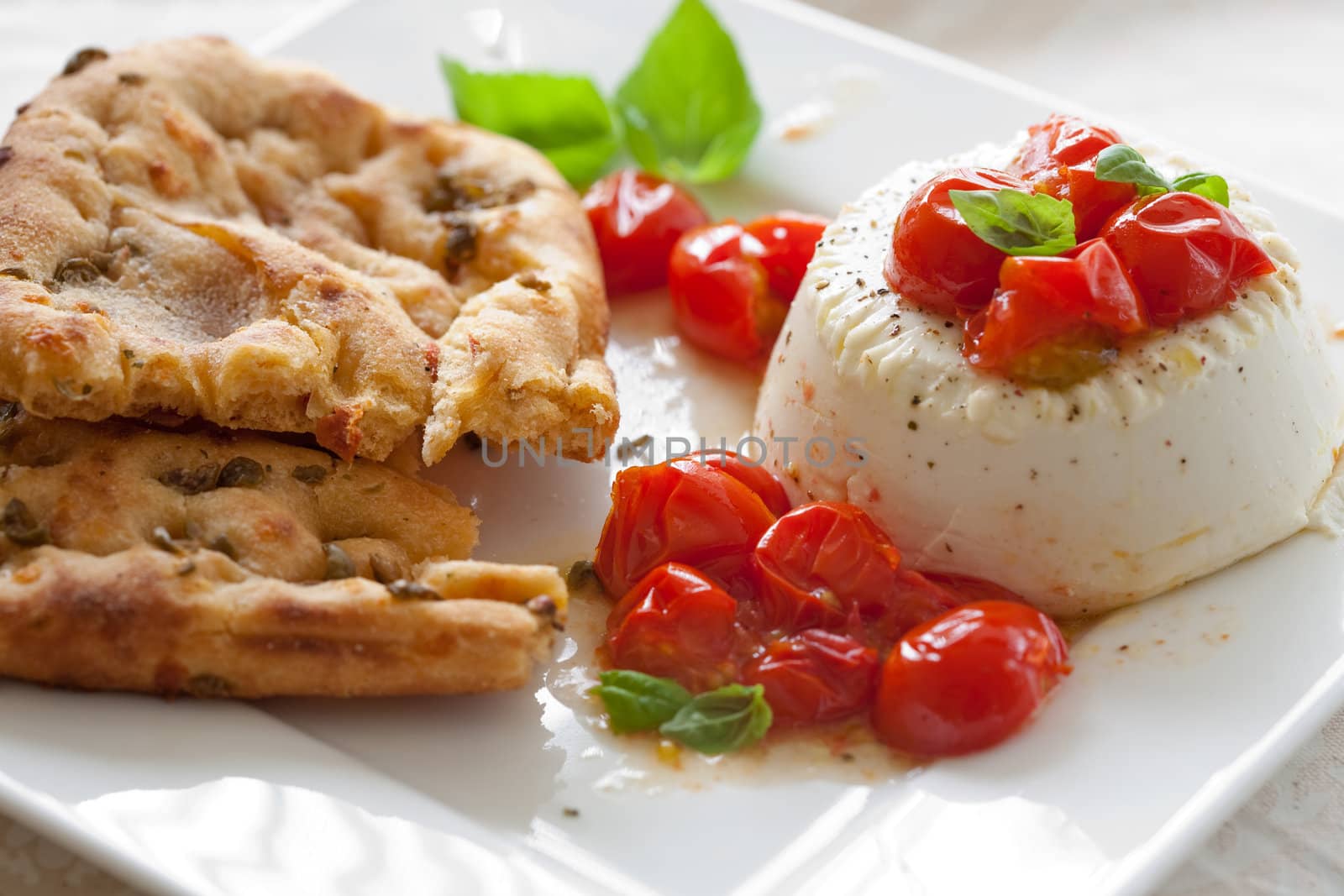 Delicious roasted ricotta with focaccia bread and tomatoes
