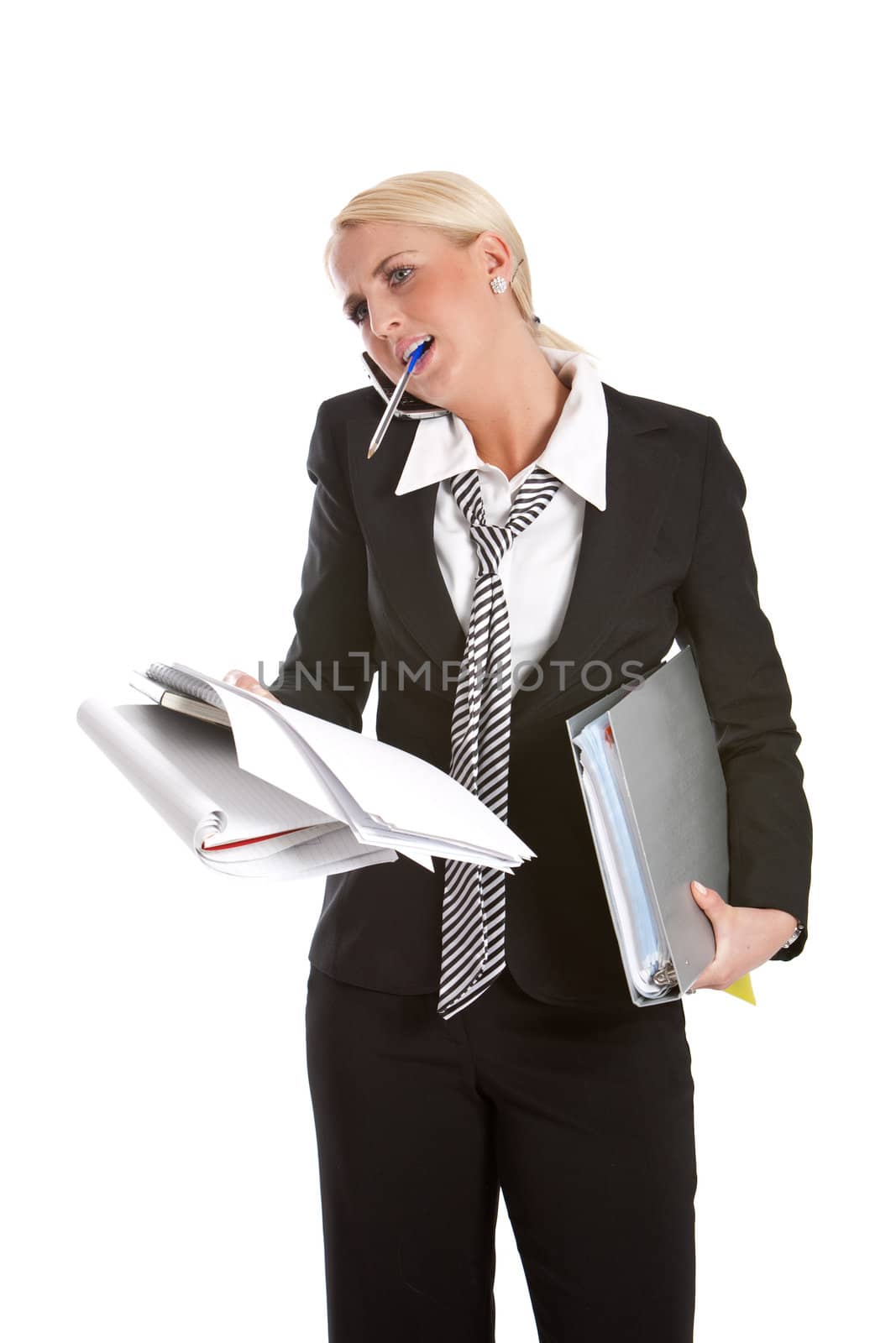 Businesswoman trying to do everything at the same time while standing
