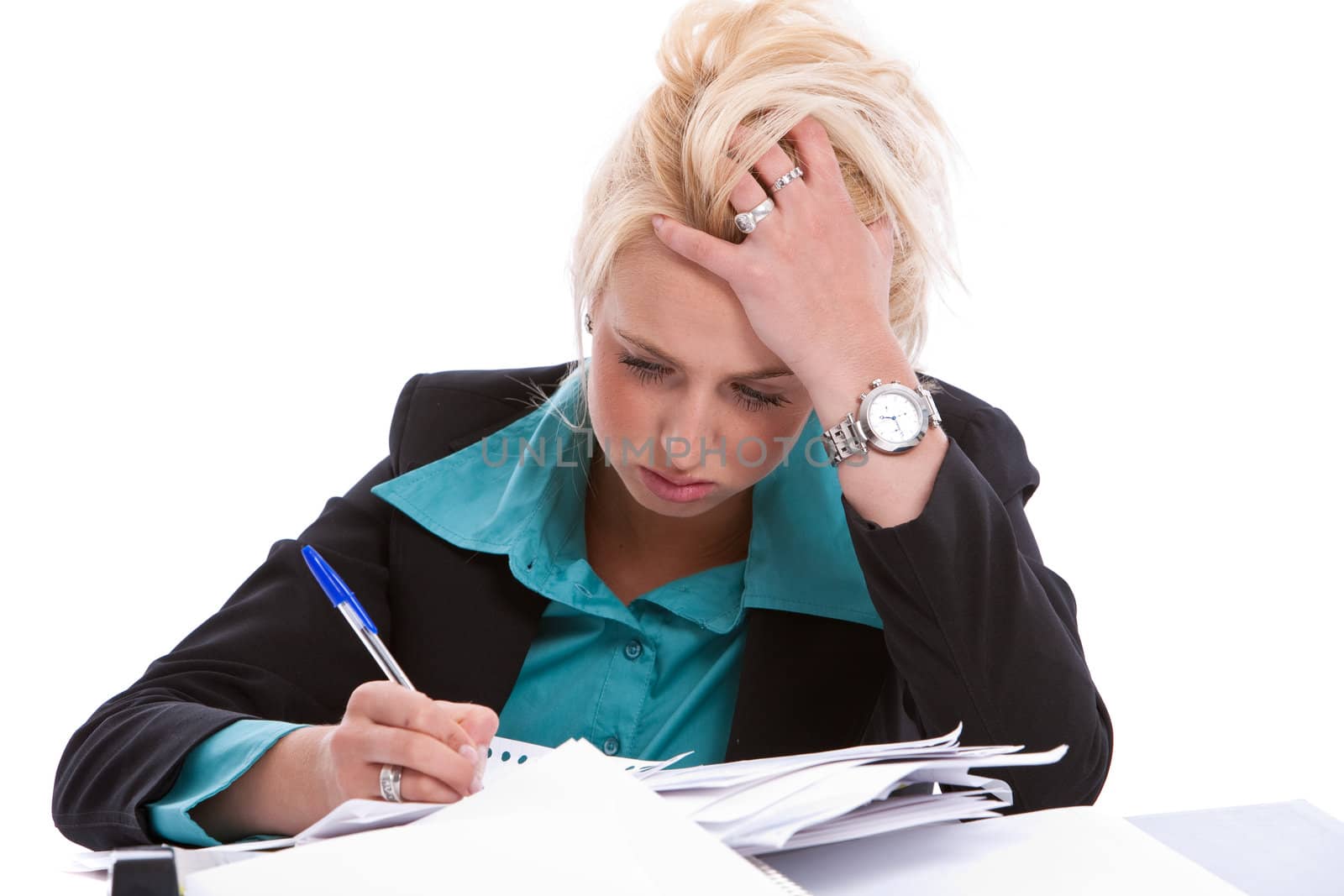 Pretty blond woman sitting at her desk looked desperate