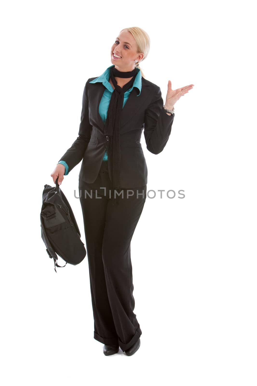 Pretty business woman looking very pleased on white background