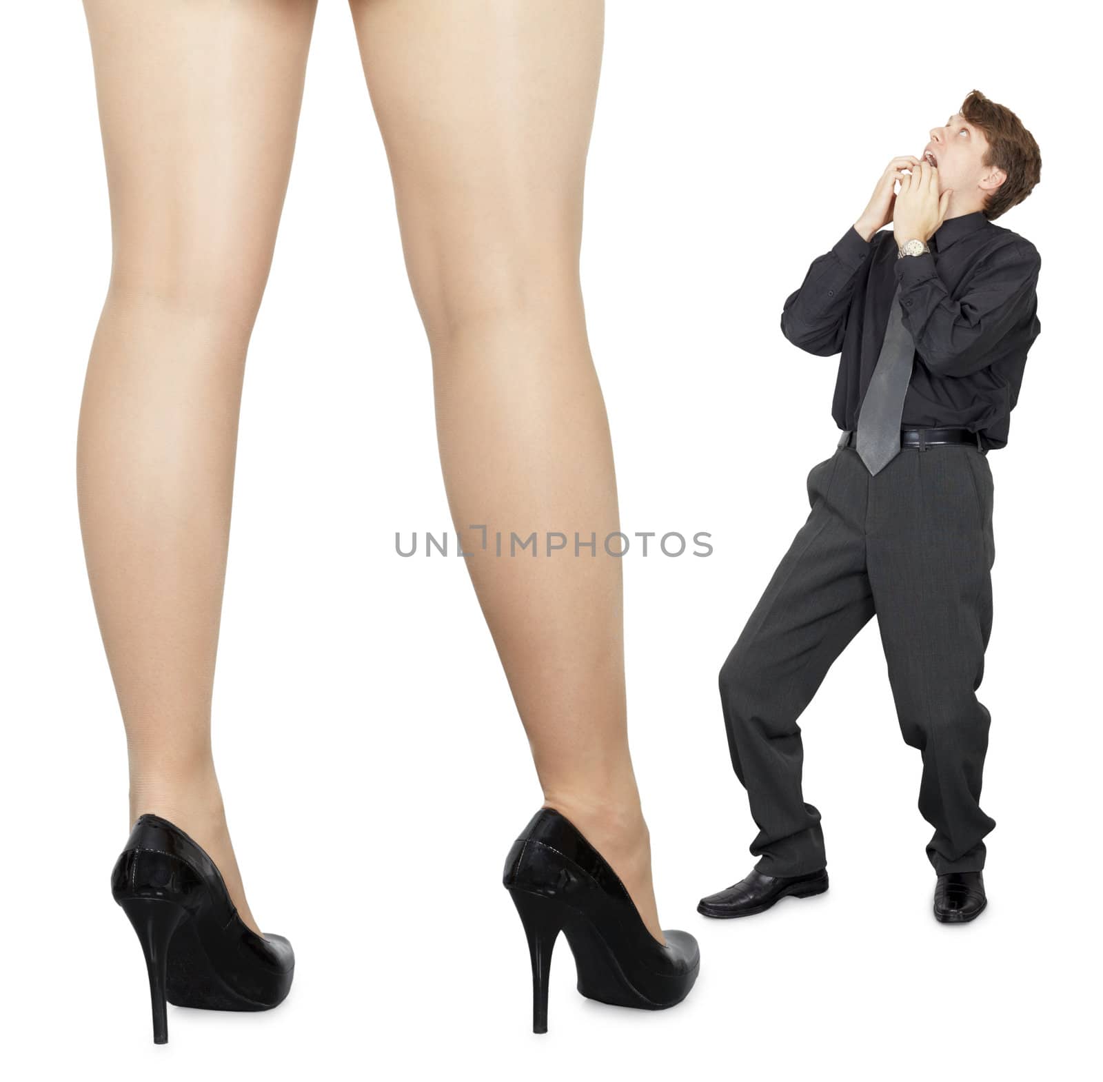 The little man is shocked by the appearance of big women isolated on white background