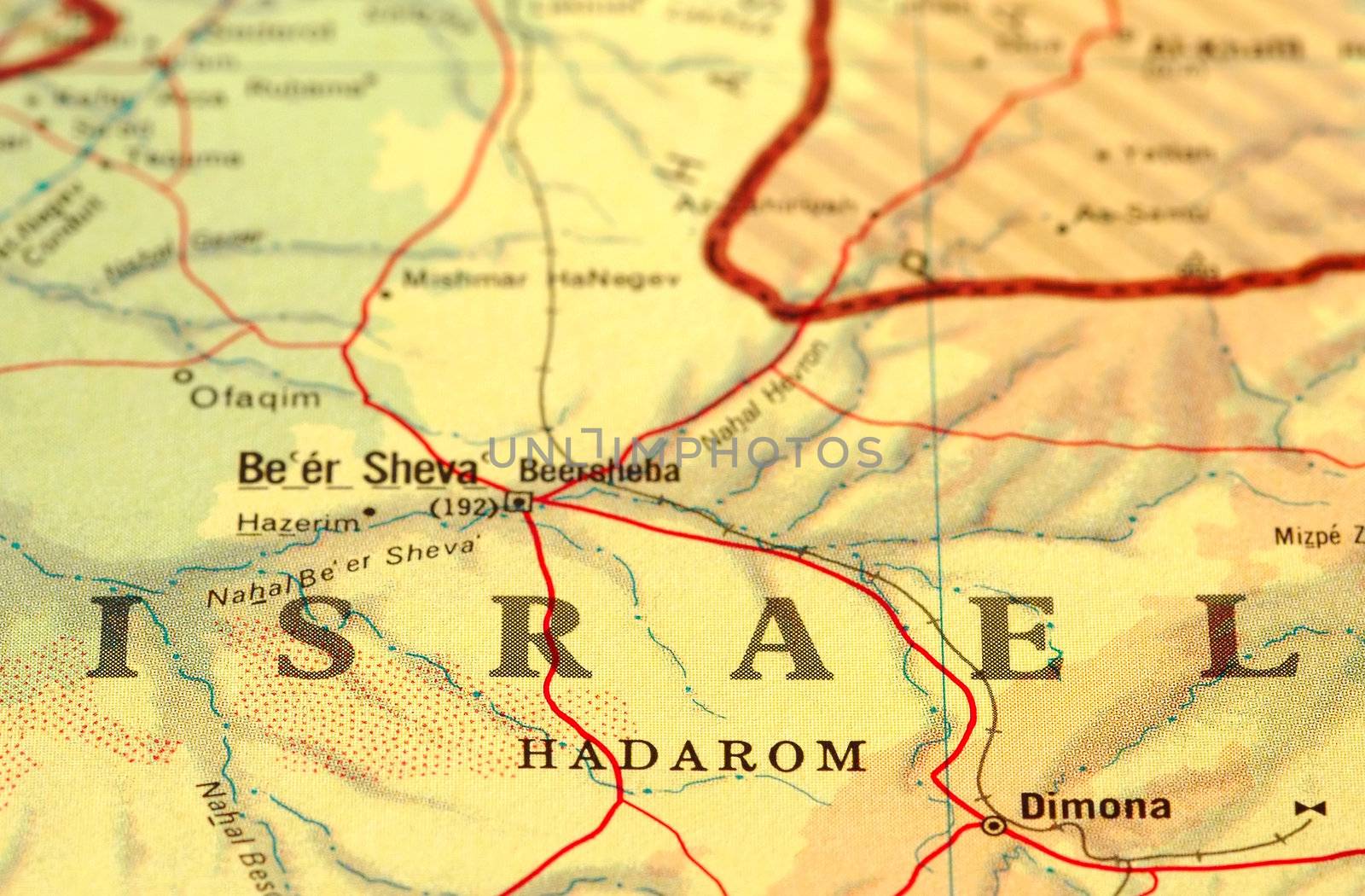 close-up map detail of Israel