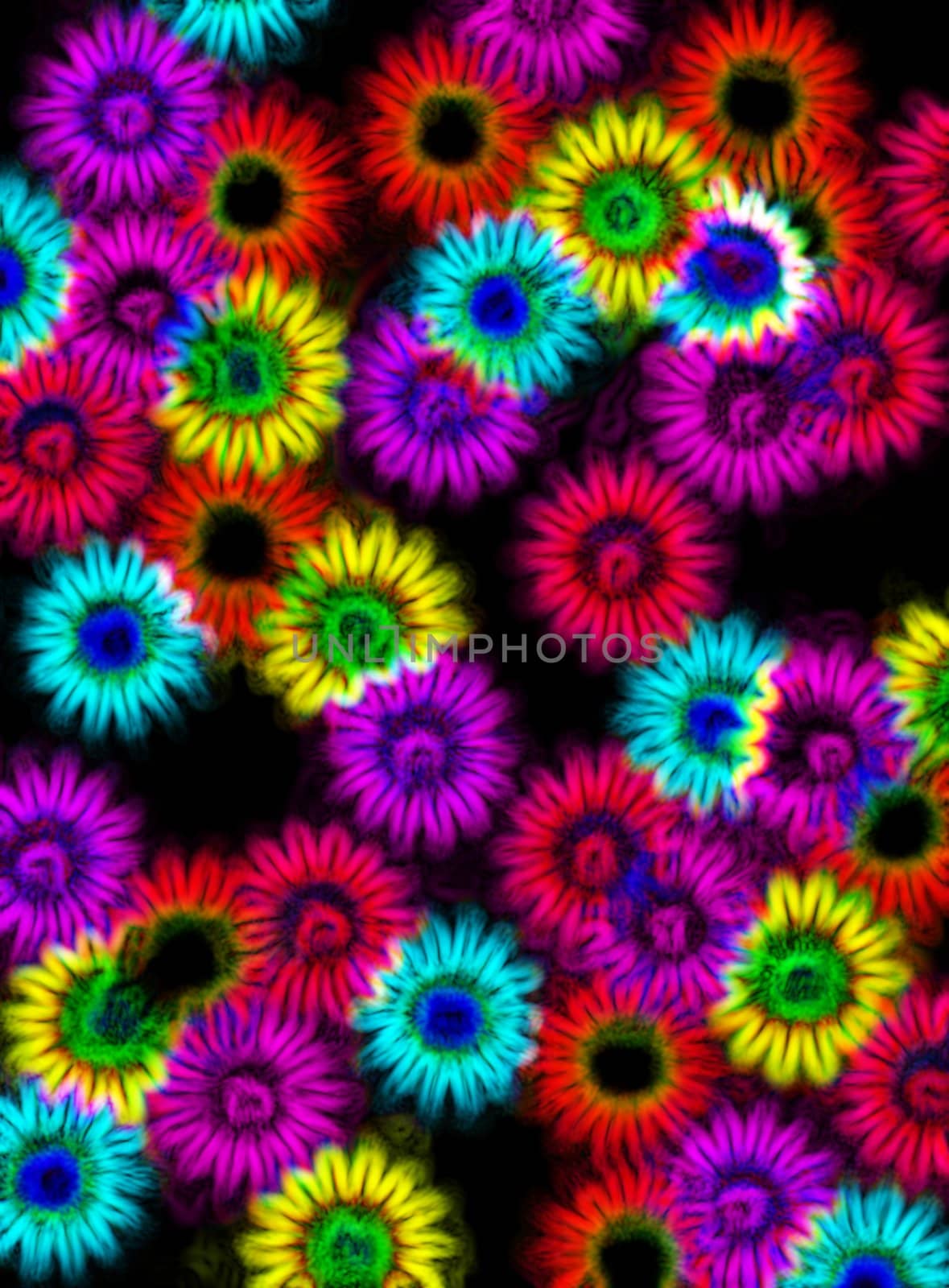 abstracted impressions of flower sahpes in neon colors on black