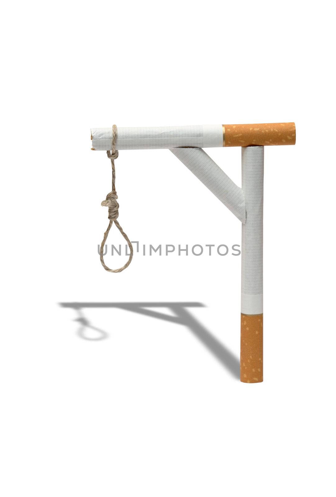 Gibbet made from cigarettes and rope on white background. Clipping path is included