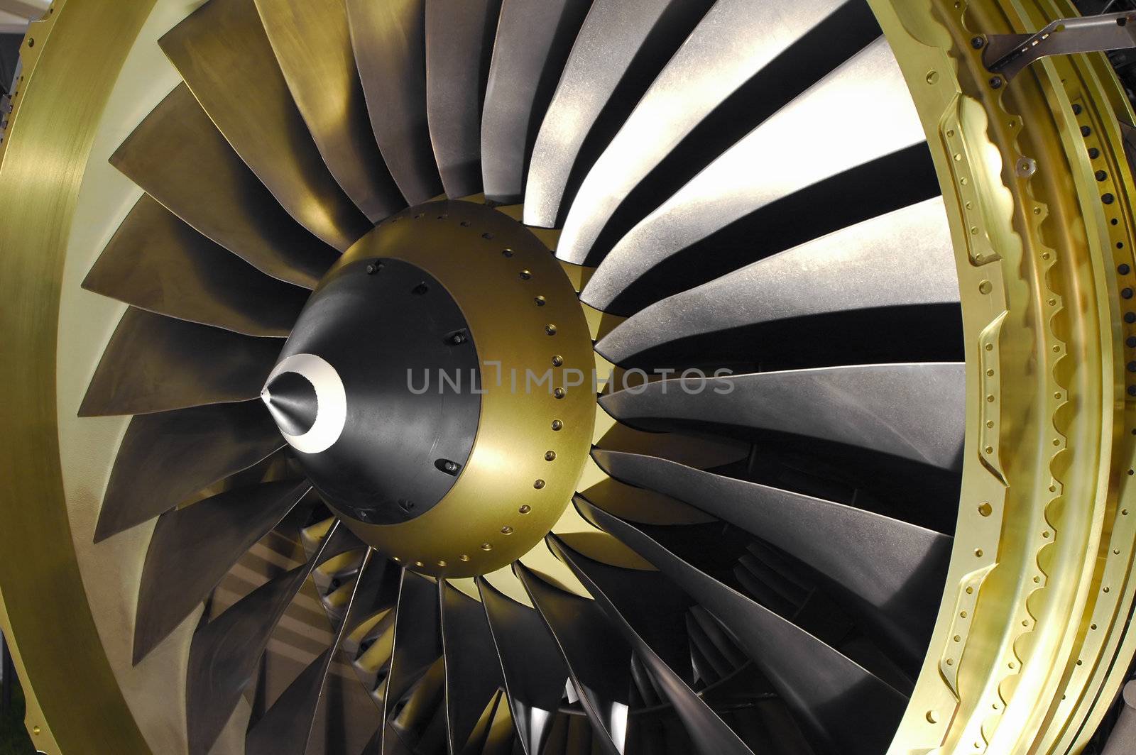 close-up of jet engine turbine blades