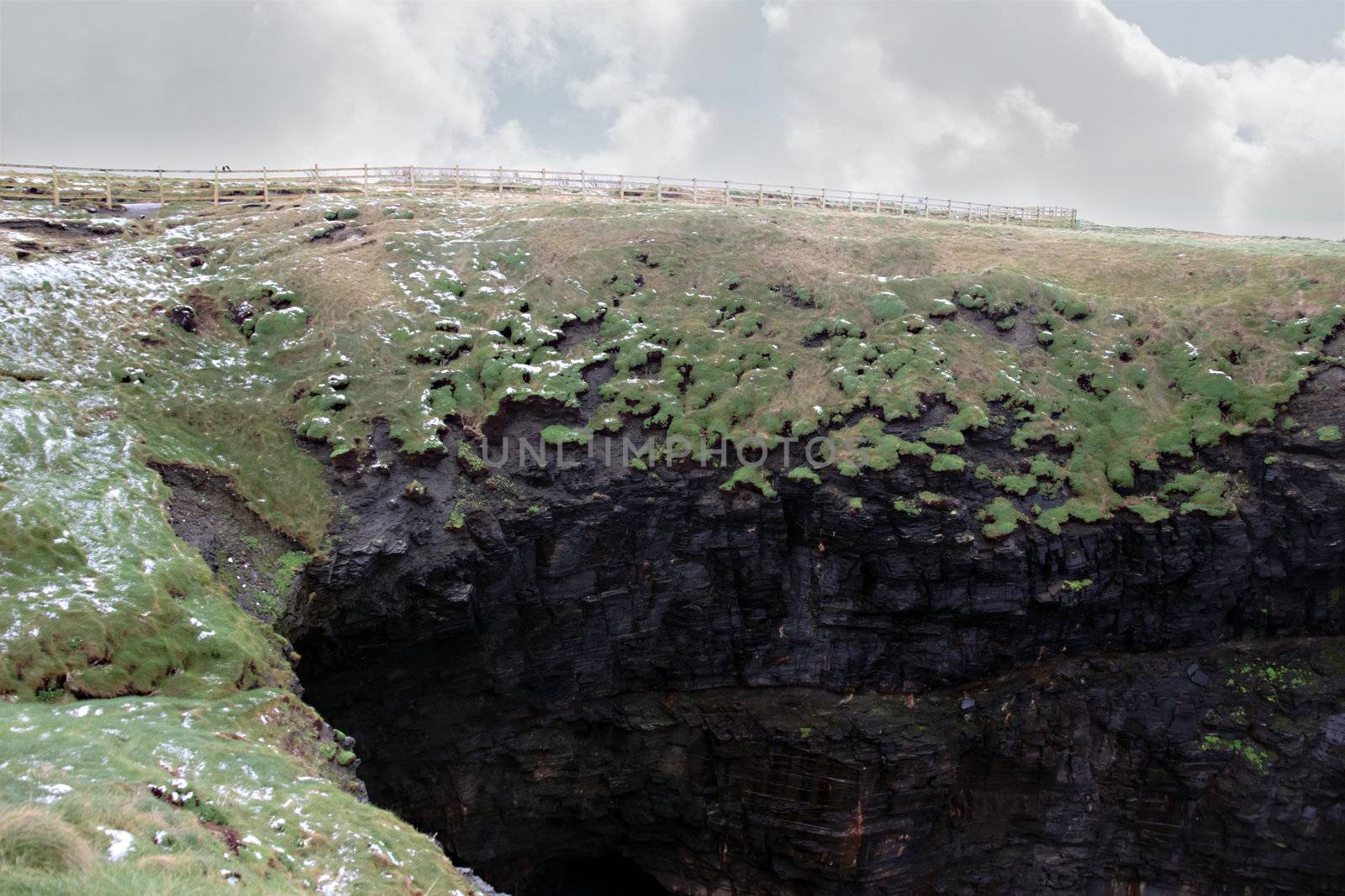 winters snow on the ballybunion cliffside walk with cliff face