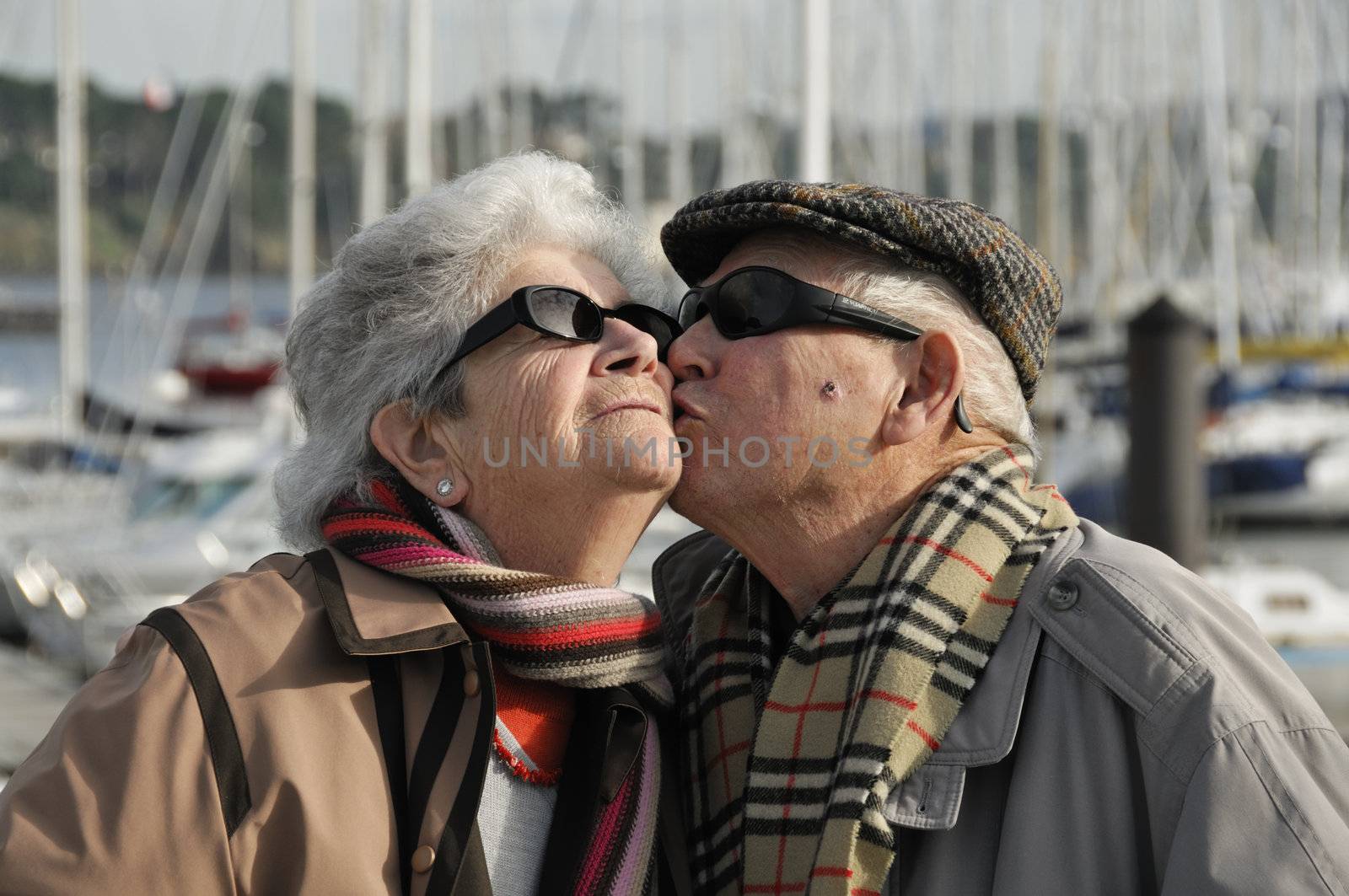 Happy old french couple walking together at the yacht harbor of Brest in Brittany, France