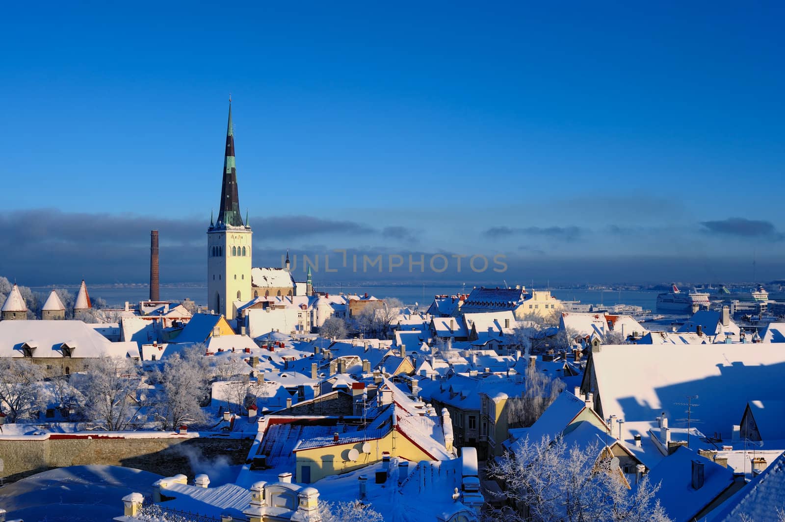 Panoramic view of the old town in the winter. Central Europe