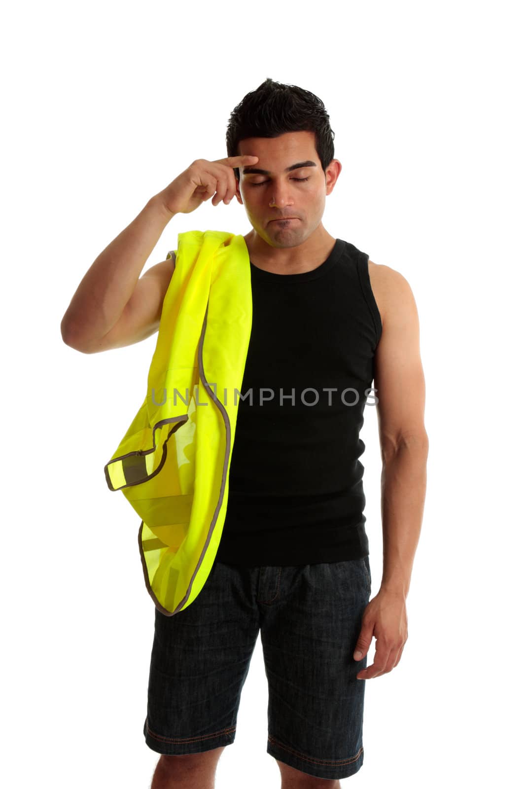 A construction worker with a problem, dilemma, headache, etc.   White background.