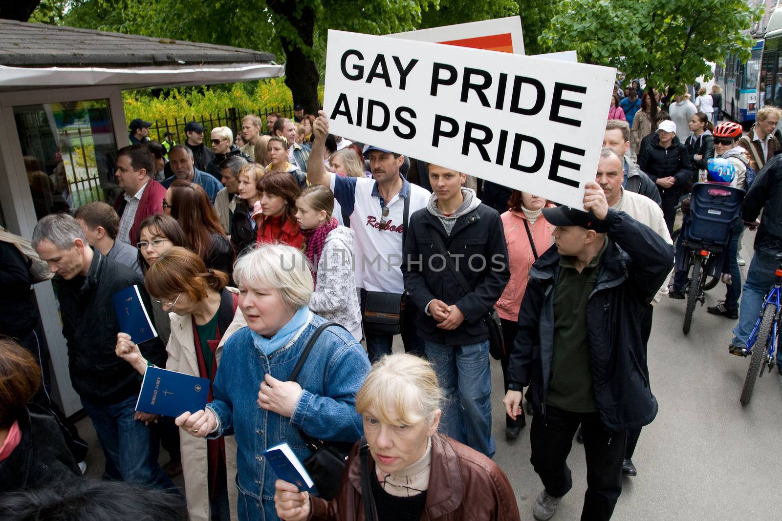 RIGA, LATVIA, MAY 16, 2009: Protestors against Baltic Gay Pride 2009