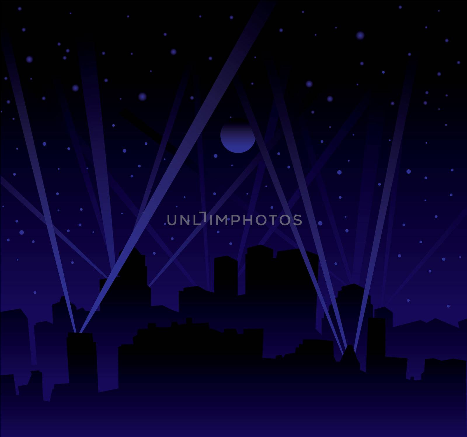 Dark night with large moon and stars with searchlight and city skyline