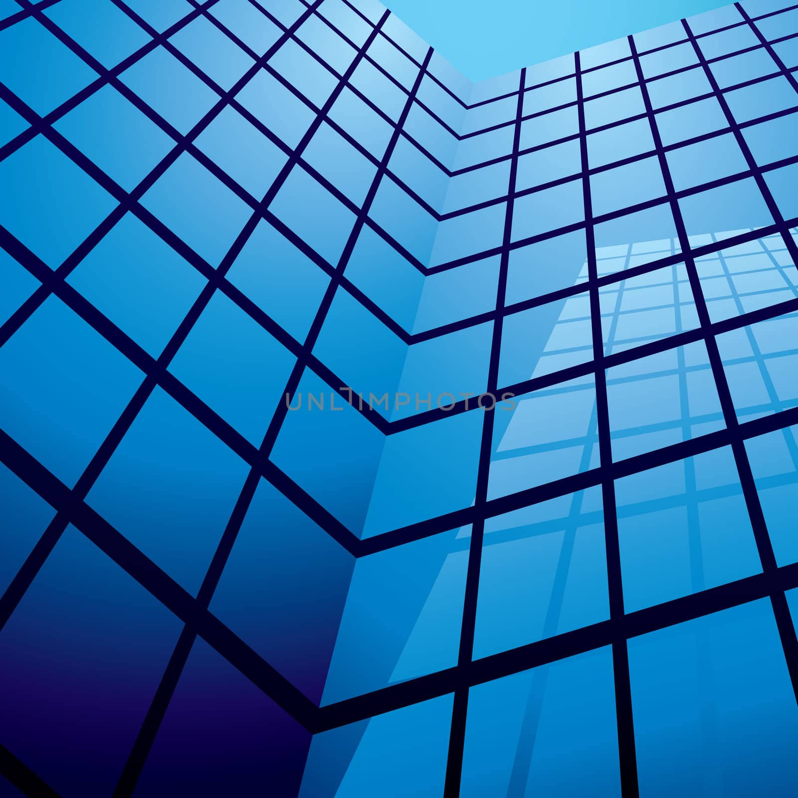 office building with glass windows and reflection with blue sky