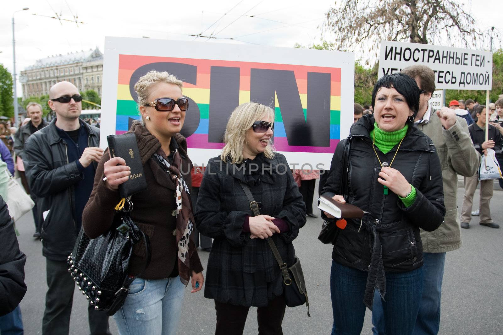 RIGA, LATVIA, MAY 16, 2009: Protestors against Baltic Gay Pride 2009