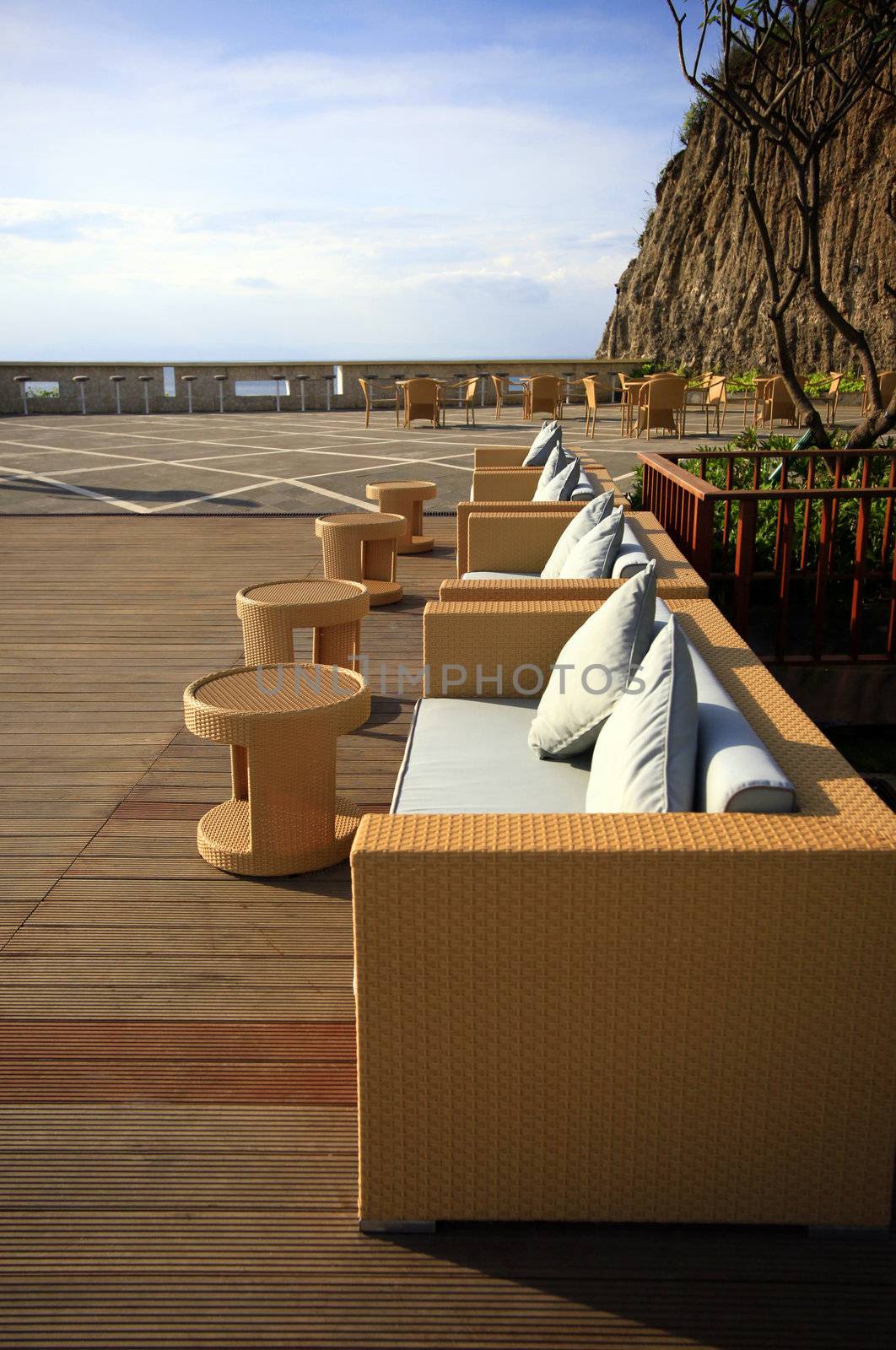 Restaurant open-air in Dreamland beach. Bali. Indonesia