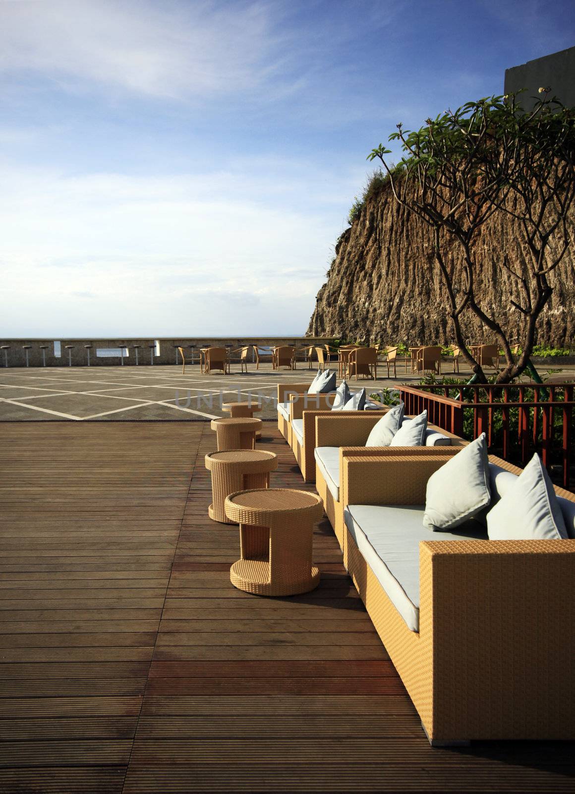Restaurant open-air in Dreamland beach. Bali. Indonesia
