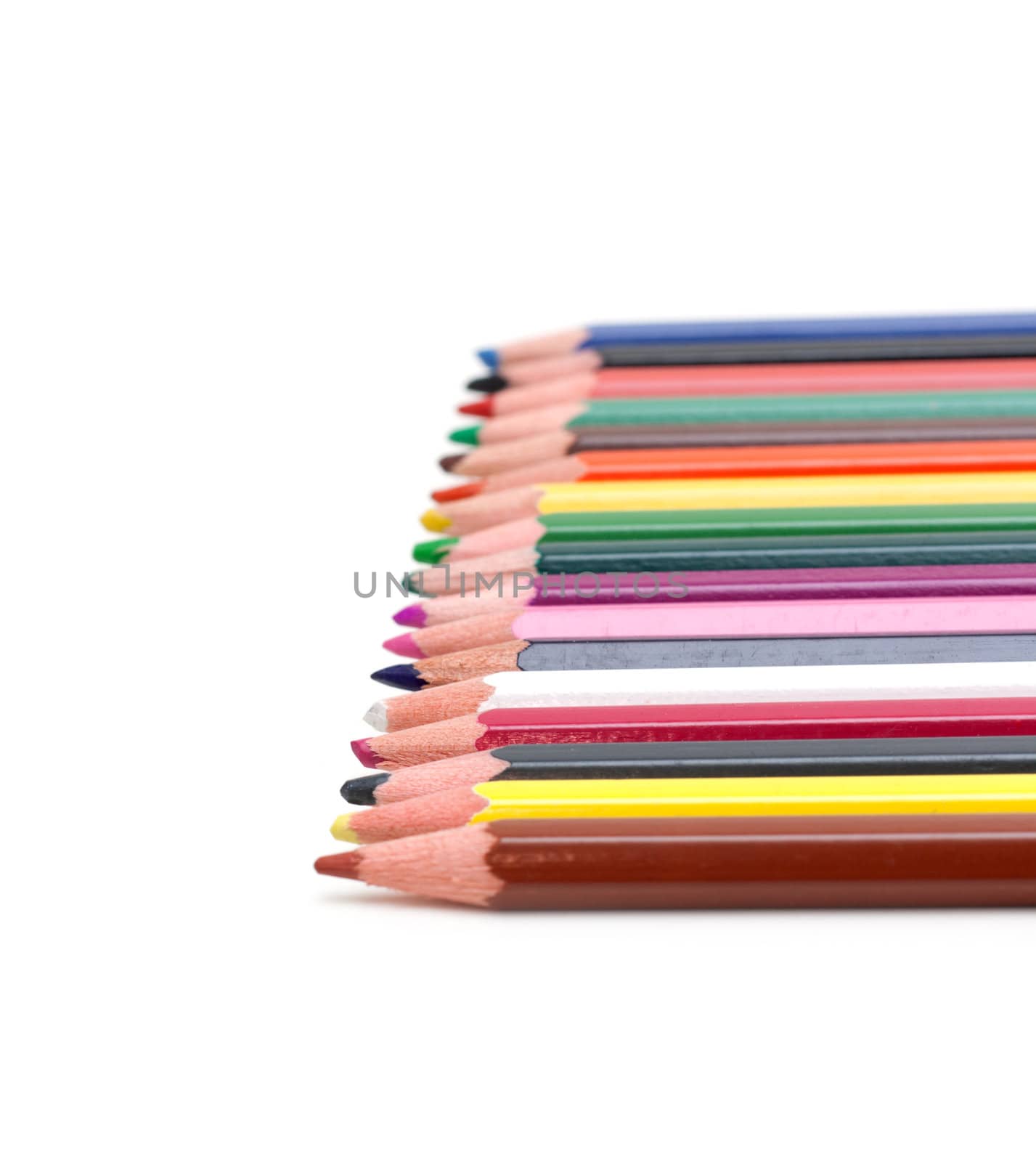 Crayons lies in row on white background with small depth of the sharpnesses