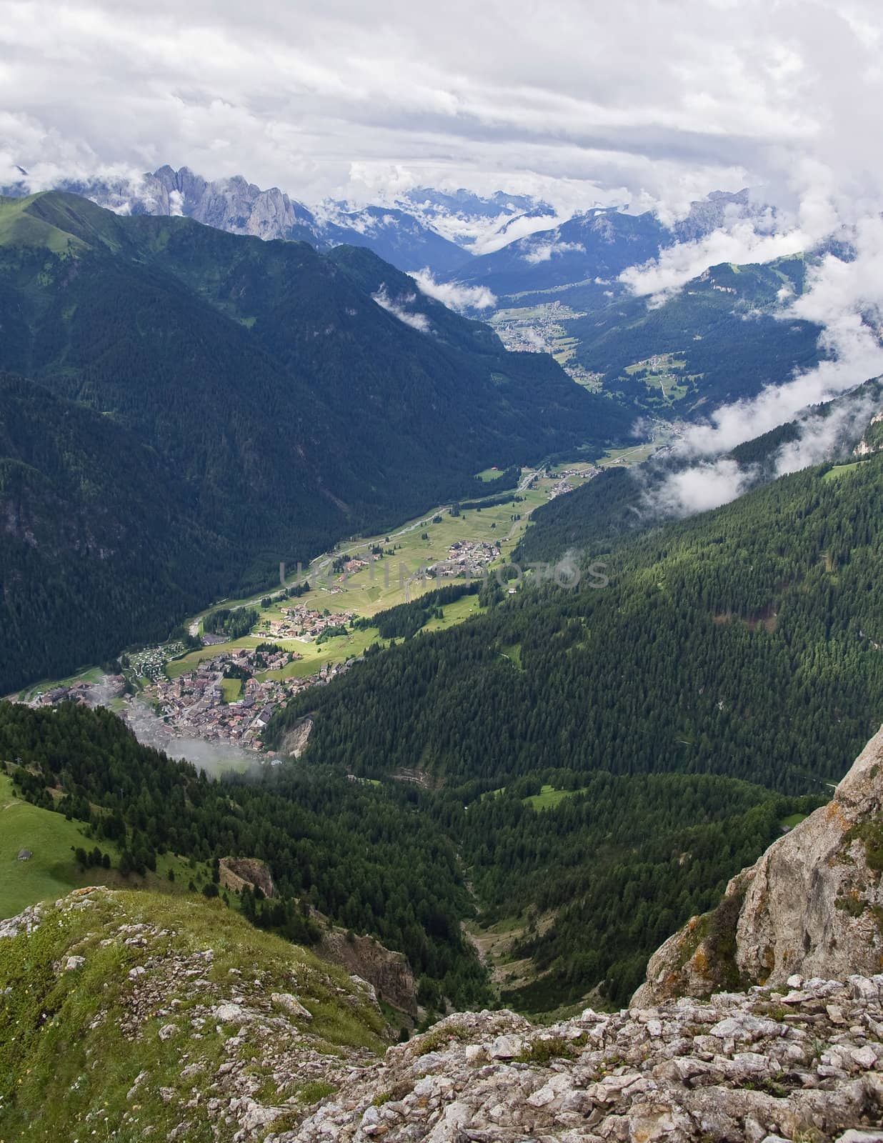 Fassa valley panorama from col Rodella in Trentino. italian Dolomiti