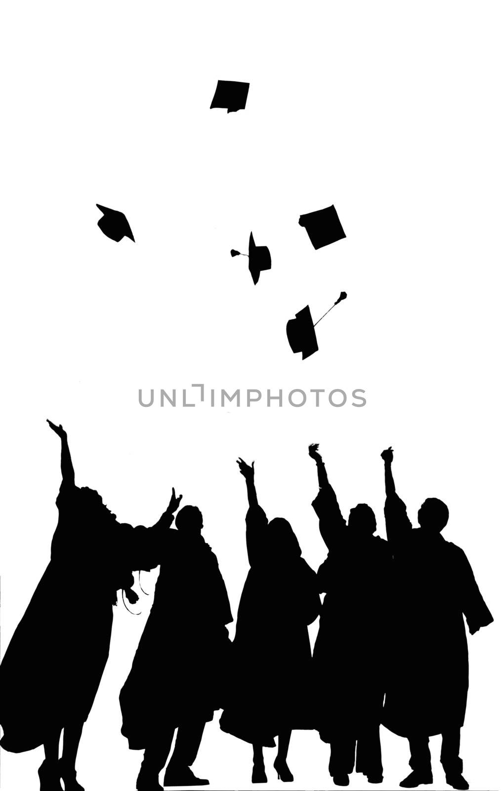 A Silhouette of Graduates Tossing their Caps black and white 
