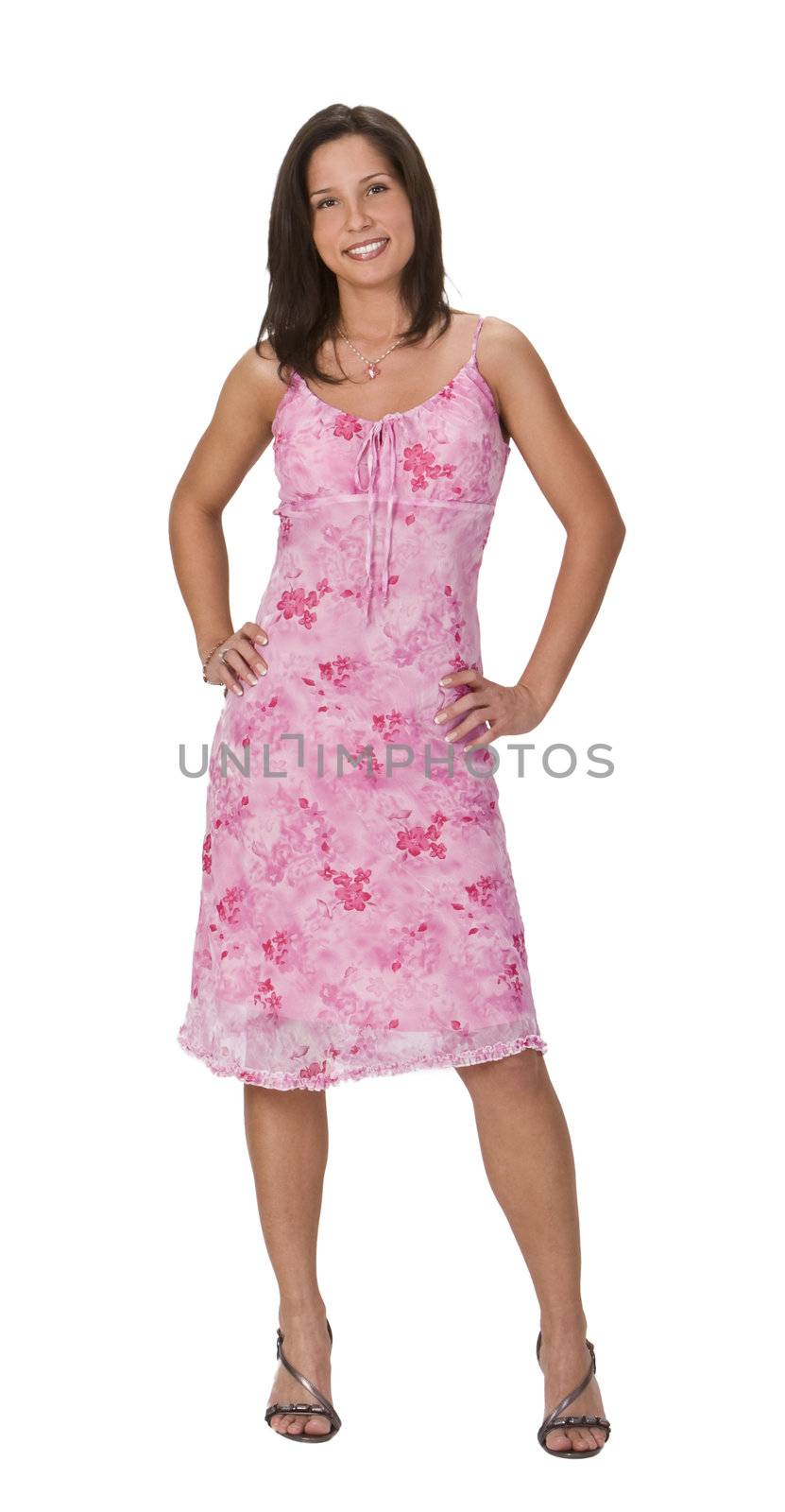 Image of a beautiful young brunette in a pink dress against a white background.
