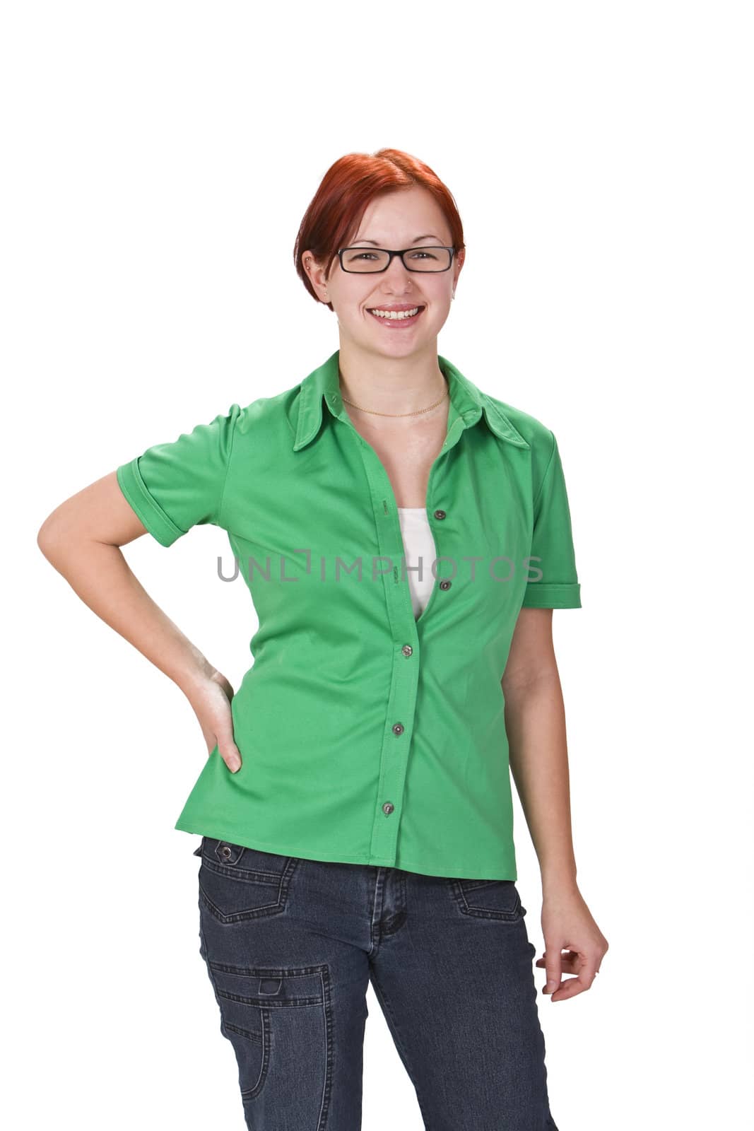 Image of a happy smilling redheaded girl against a white background.Shot with Canon 70-200mm f/2.8L IS USM