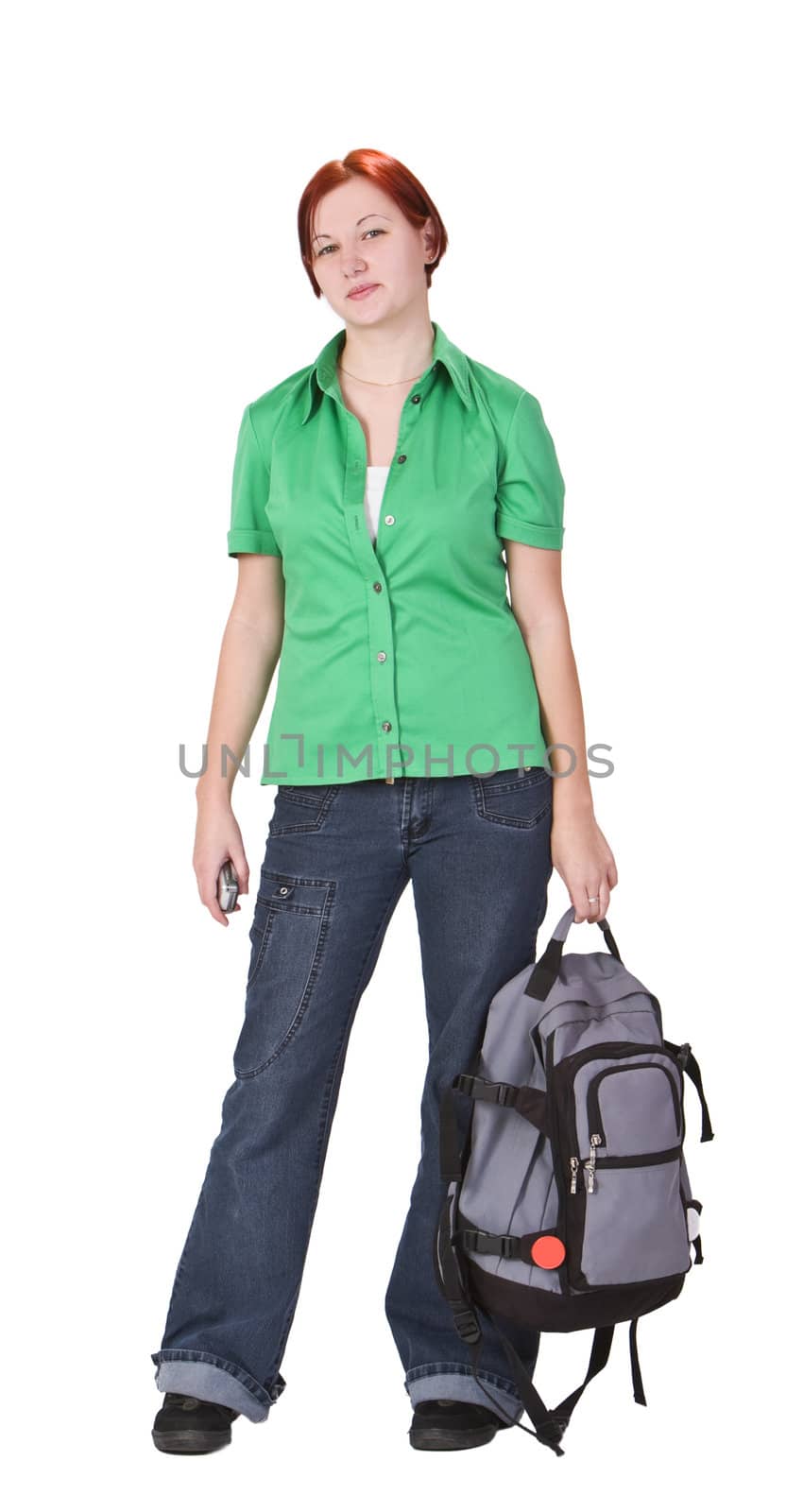 Redheaded girl student holding a backpack.Shot with Canon 70-200mm f/2.8L IS USM