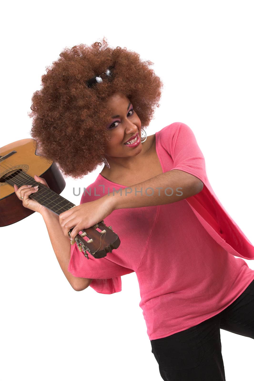 Beautiful black woman about to smash her guitar