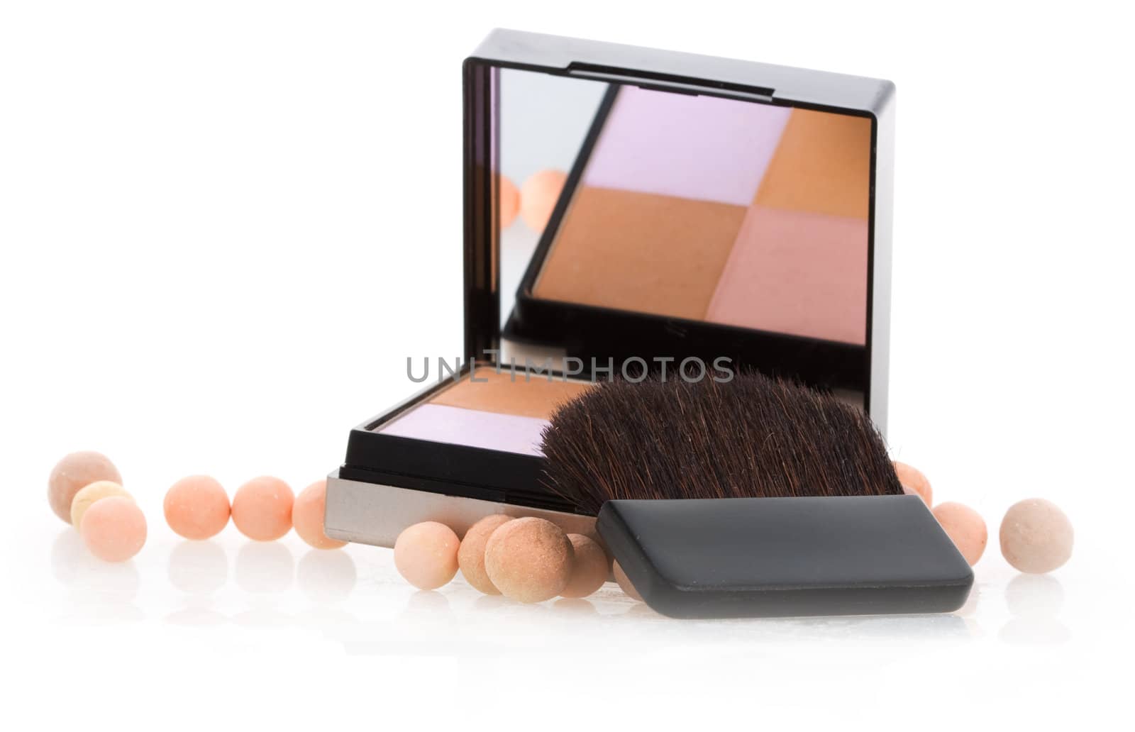 Close-up of mirror with face powder on isolated background