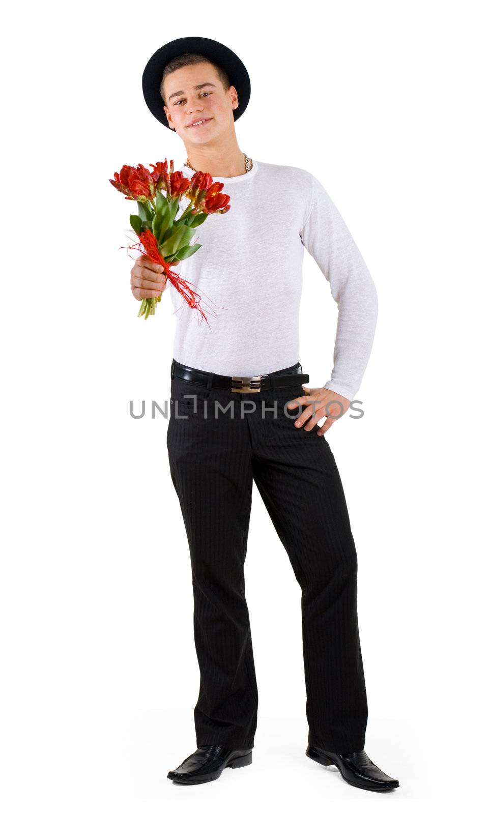 Cute guy in a back hat with red tulips