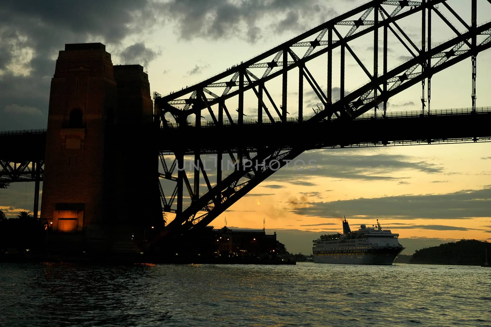 Harbour Bridge evening silhouette, big ship in background