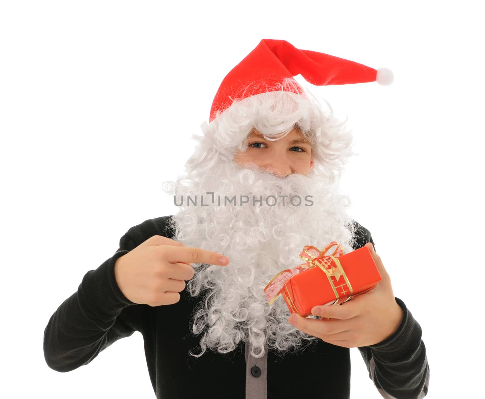 The teenager in a hat santa claus isolated on white background