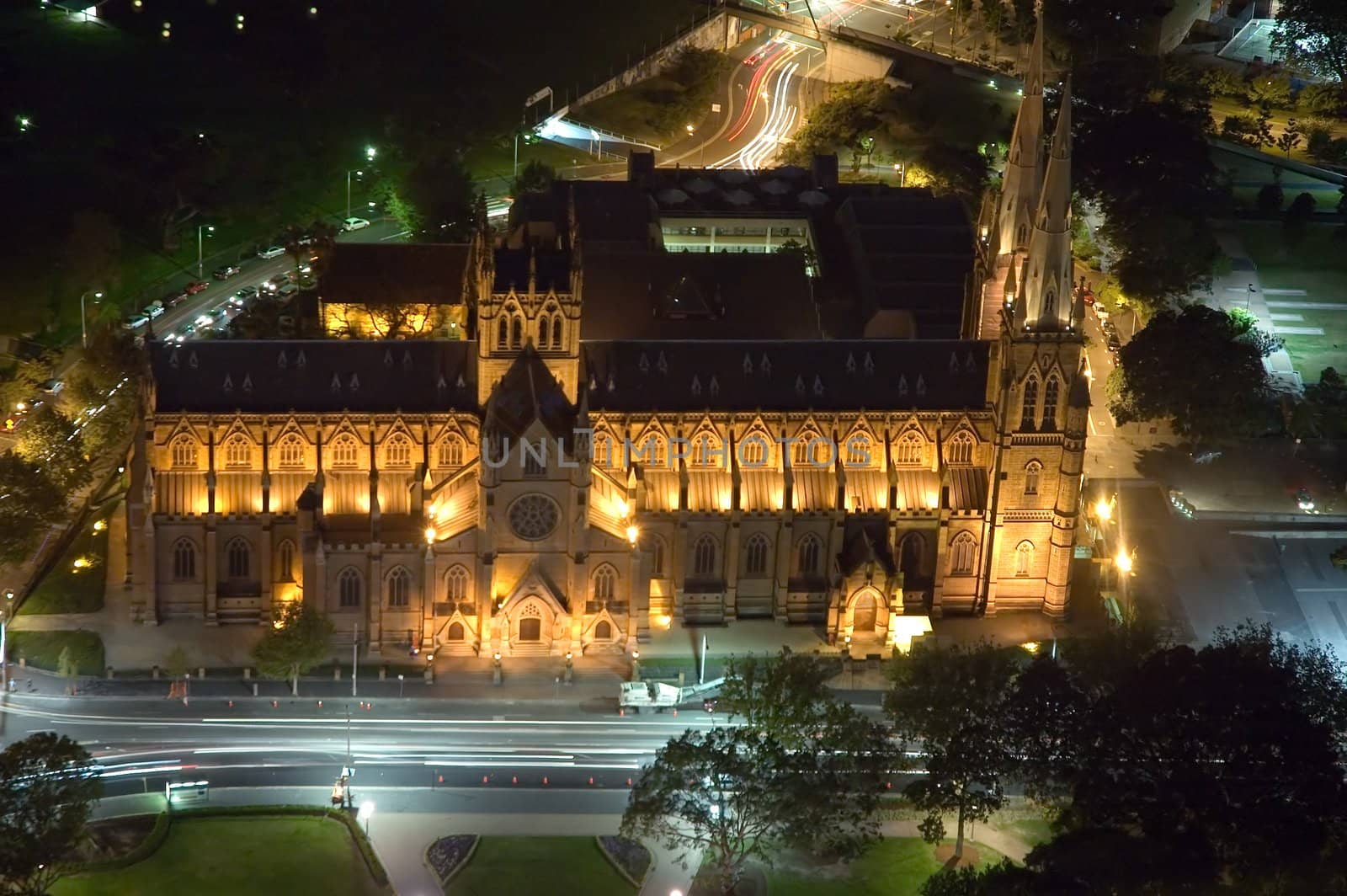 St. Mary's Cathedral in Sydney, night scene, car light trails, photo taken from Sydney Tower