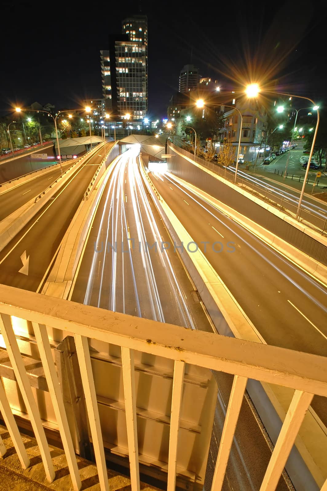 night traffic in Sydney, photo taken from a pedestrian bridge, 