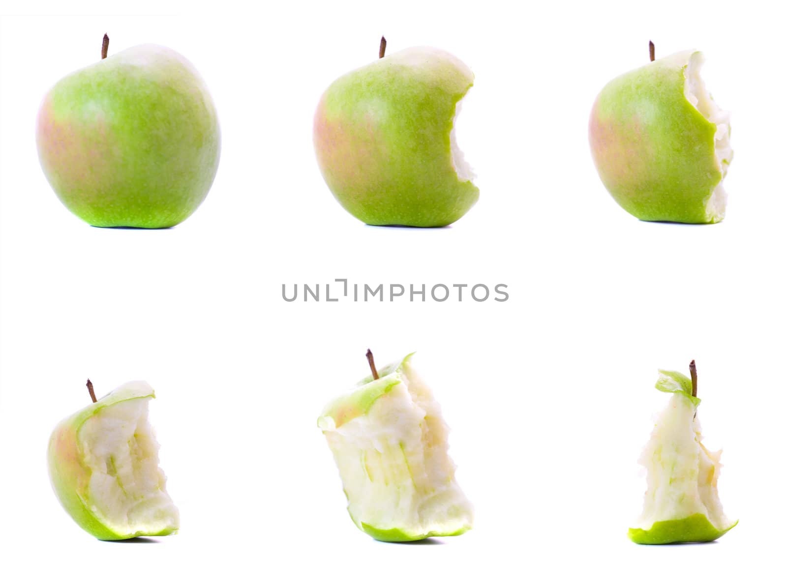 Six stages of eating green apple on white background.