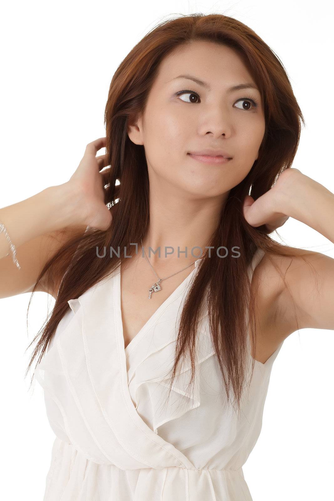 Elegant Asian beauty, closeup portrait over white background.