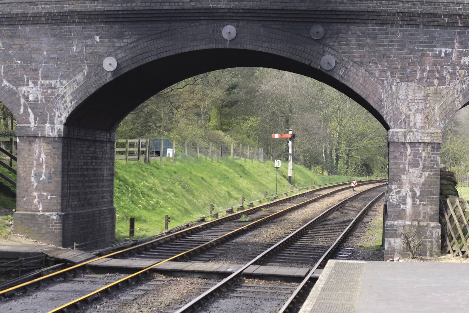 rail tracks under a bridge by leafy