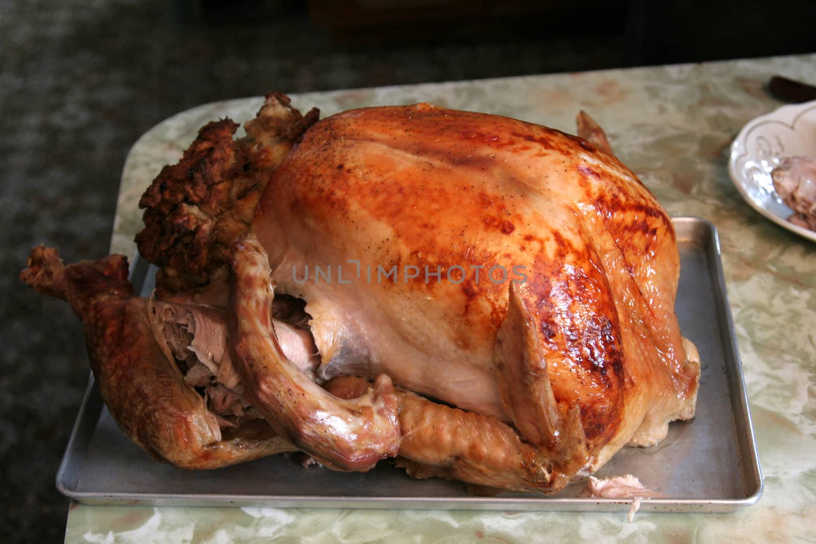 A fully stuffed turkey, just out of the oven.